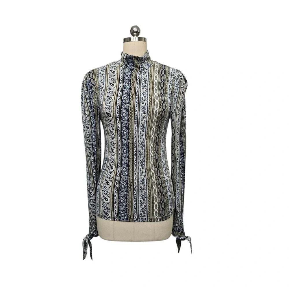 Free People Womens Blue‎ Olive Paisley Stripe Mock Neck Tie Cuff Top Small